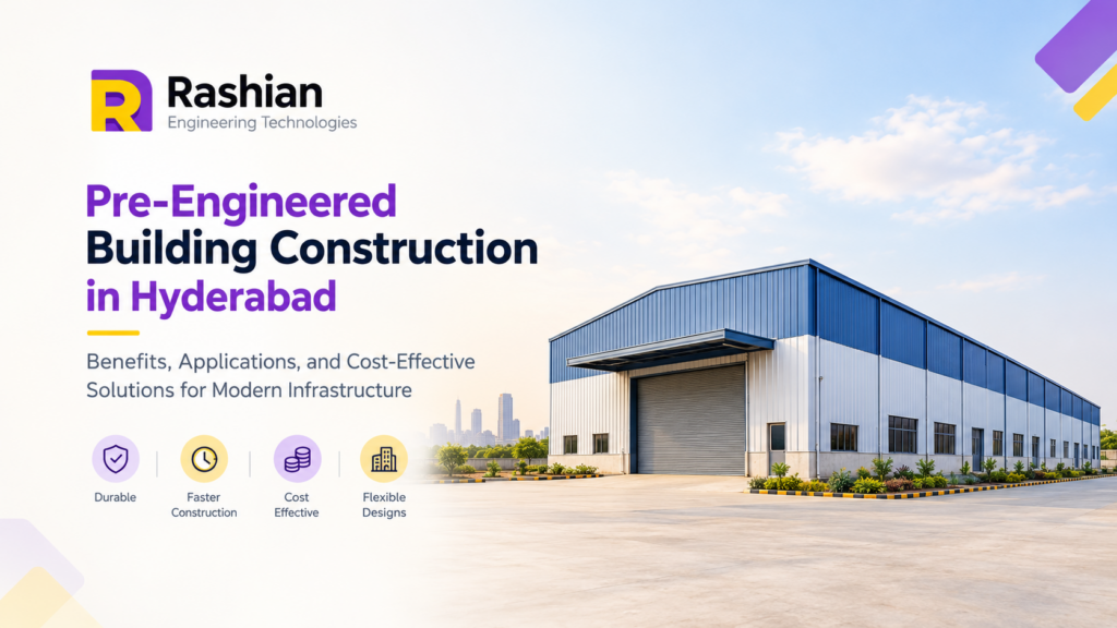 Pre-engineered building construction in Hyderabad by Rashian Engineering Technologies, featuring a modern industrial steel warehouse.