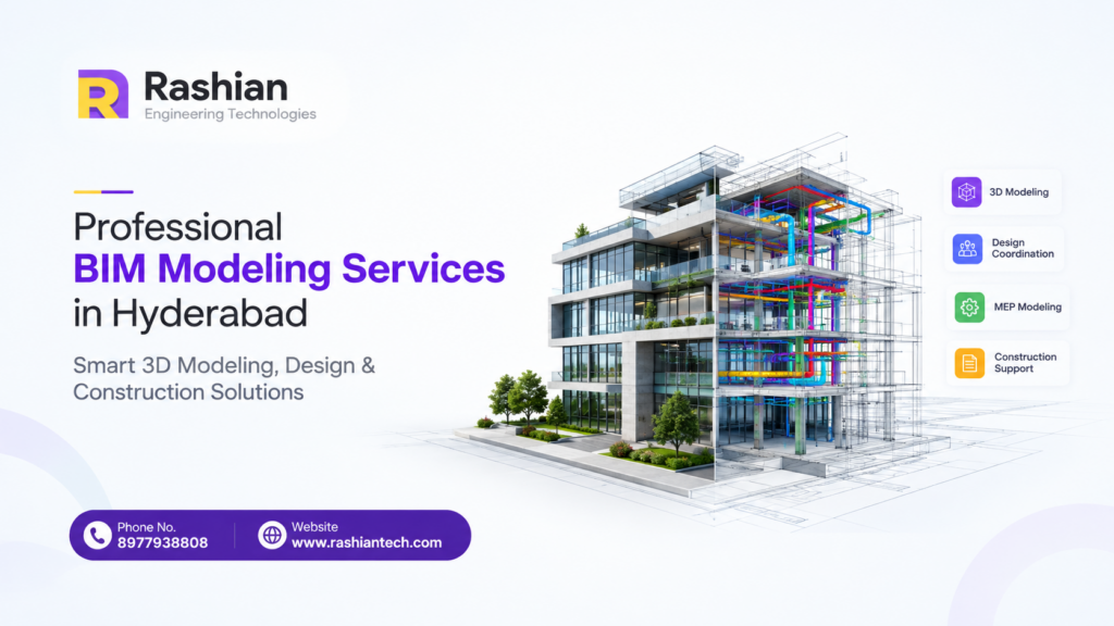 Professional BIM modeling services in Hyderabad by Rashian Tech featuring 3D building design.